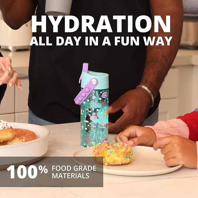 Elemental Water Bottles for Kids - Splash Kids Water Bottle for School with Pop-it Handle - BPA Free Tritan Plastic Water Bottle with Straw Leak Proof when Spout is Closed -Mermaid - 18oz