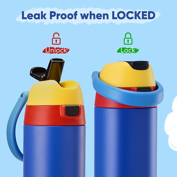 12 oz Water Bottle Insulated, 304 Stainless Steel Insulated Kids Water Bottle with Straw, 2-in-1 Lid Toddler Cups for School Boys Girls, BPA-Free, Leak-Proof, Great for Sport, Travel, Technology Blue