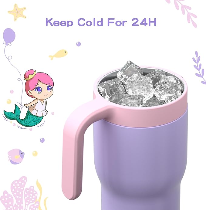 OISIZ 14oz Kids Tumbler with Straw Lid & Handle,Kids Cup with Animal Accessory for School,Kids Water Bottles with Dust-proof Cover,Leakproof Water Bottles,316 Stainless Steel,Keep Cold 24 Hours-purple