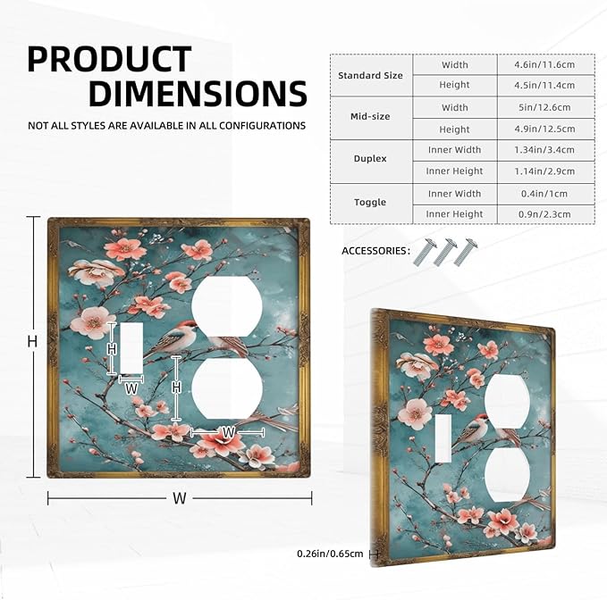 Decorative Art Light Switch Covers Birds on Branches 2 Gang Single Toggle Duplex Combination Electrical Faceplate Switchplate Wall Plate for Home Decor