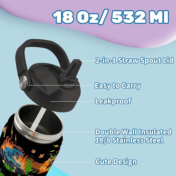 Insulated Water Bottle 18oz, Dinosaur Truck Gifts Water Bottle with 2-in-1 Straw and Spout Lid, Black Dinosaur Cup Leakproof, Truck Cup Travel Mug for Trucks Lovers, Gift Ideal for Boys