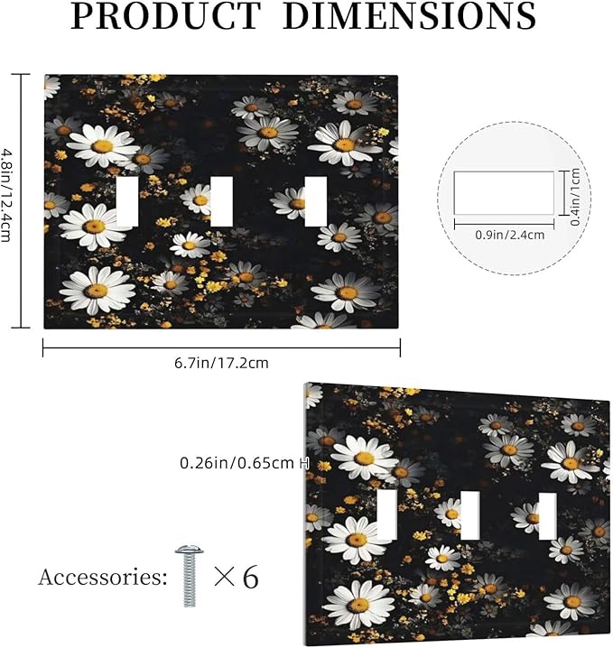 White Black Daisy Wildflower Modern Chrysanthemum Decorative Switch Plates 3 Gang Wall Plate Triple Toggle Light Switch Cover Faceplate Electrical Wall Panels for Bedroom Farmhouse Decor