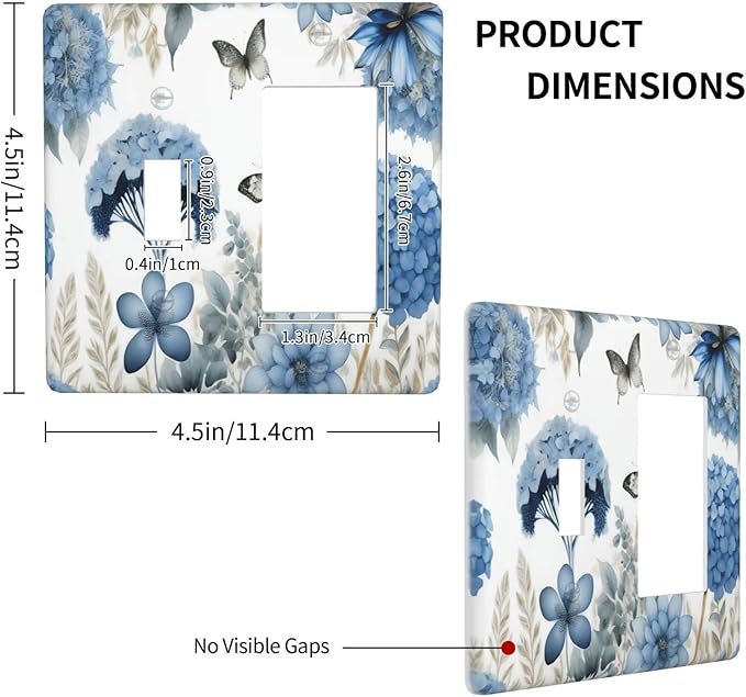 Blue Floral Hydrangea Floral Butterfly Flower Plant Outlet Covers 1 Toggle 1 Rocker Combination Decorative Wall Plate Electrical Switch Plates Light Switch Cover Plate for Bedroom Living Room Decor