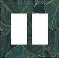 Gold Tropical Green Botanical Palm Leaves Decorative Outlet Covers 2 Gang Double GFCI Rocker Electrical Wall Panels Light Switch Cover Plate for Bedroom Living Room Decor