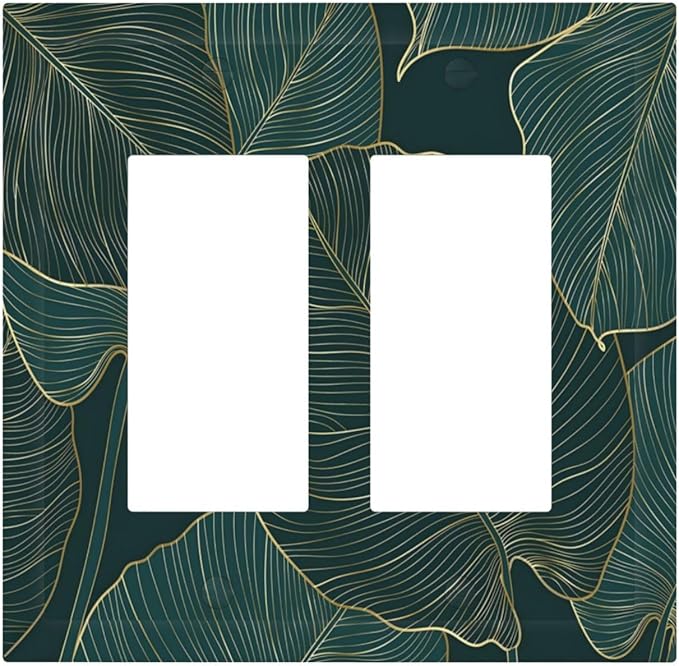 Gold Tropical Green Botanical Palm Leaves Decorative Outlet Covers 2 Gang Double GFCI Rocker Electrical Wall Panels Light Switch Cover Plate for Bedroom Living Room Decor