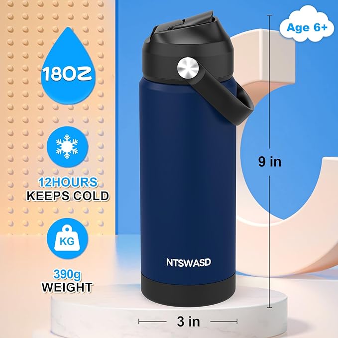 Kids Water Bottle with Straw,18 oz Boys Insulated Cups with Stainless Steel Leak Proof for School Boys Girls,Sport&Travel（Blue）