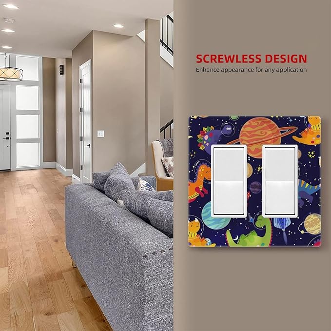 Galaxy Starry Astronaut Dinosaur 2 Gang Double Rocker/Decora Light Switch Cover Decorative Outlet Wall Plate Electrical Faceplate Home Family Art Decor Screwless