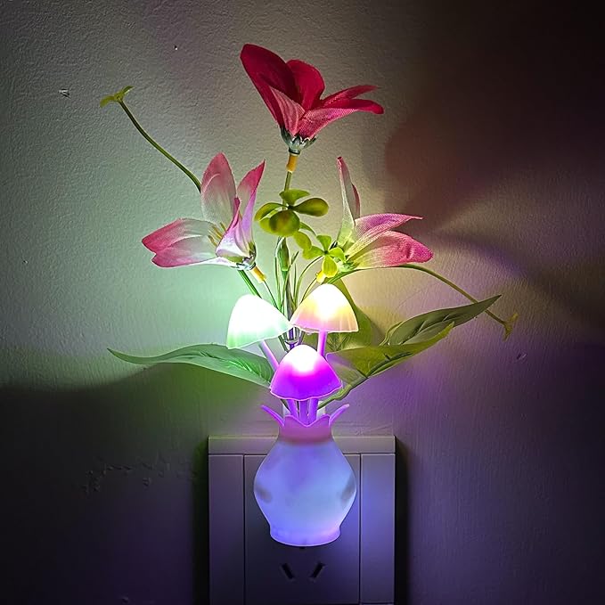 Plug-in Night Light with Auto Light Sensor, RGB LED Mushroom Night Light Wall Based Flower Lamp 1W Energy Efficient Nursery Nightlight for Kids Room, Bedroom, Nursery, Lounge, Hallway and Stairs
