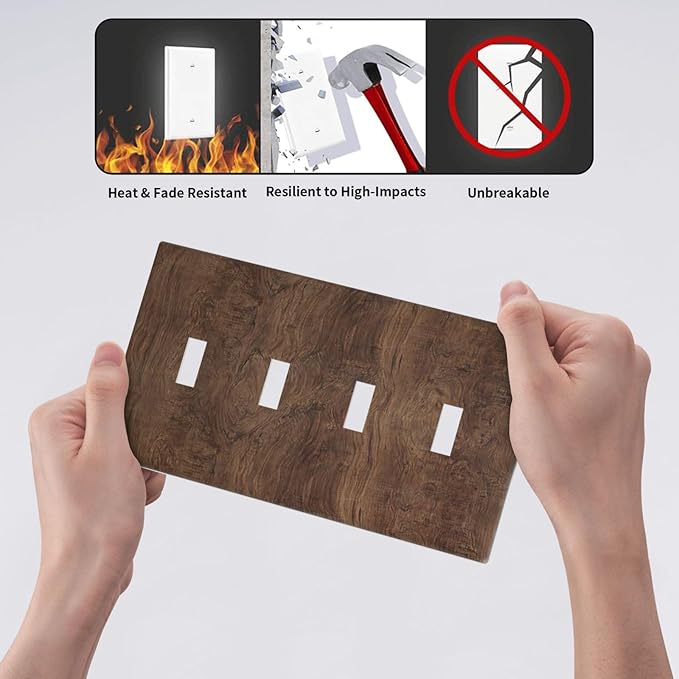 Light Switch Covers Rustic Vintage Wood Grain Brown Quad Toggle 4 Gang Wall Plate Electrical Faceplate Decorative Switch Plates for Farmhouse Cabin Decor