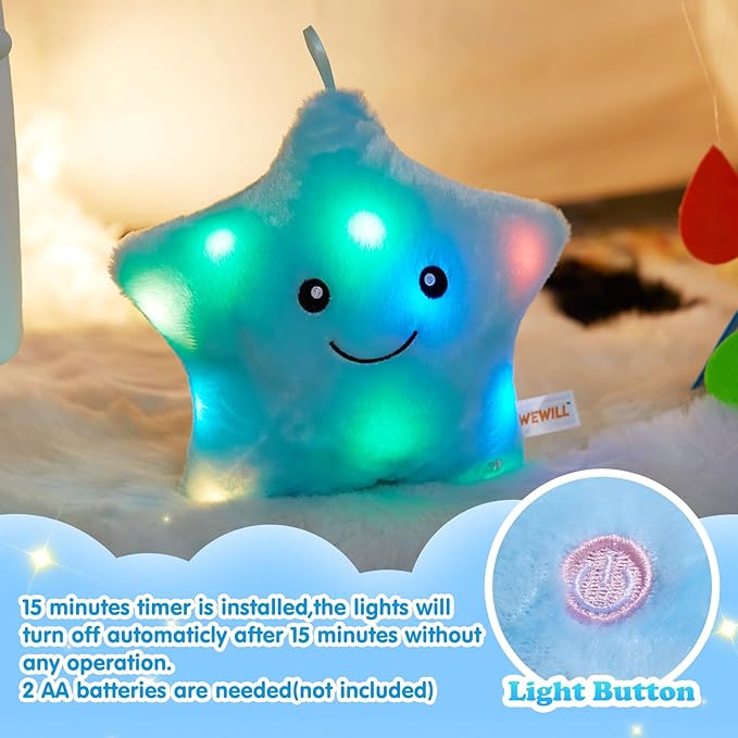 WEWILL 9'' LED Twinkle Star Soft Plush Toys Glowing Stuffed Star Light up Plush with Colorful Night Lights Birthday Gift for Toddler Kids(Blue)
