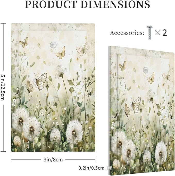 Light Switch Cover Watercolor Butterflies Dandelions Wildflowers Decorative Switch Plates 1 Gang Blank No Device Outlet Covers Electrical Wall Plates for Bathroom Bedroom Decor