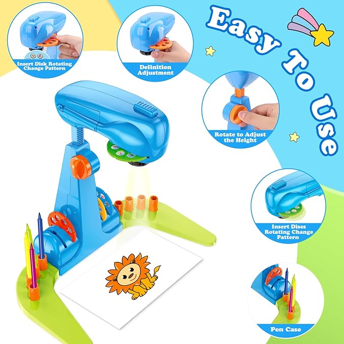 Sumsoltic Drawing Projector for Kids, Art and Craft Kit, Including Colored Pencils, Crayons, Coloring Books, Toys for 3+ Year Old Boys (Blue Drawing Kit v1)