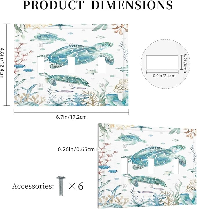 Sea Turtle Ocean Starfish Fish Coral Pearl Decorative Switch Plates 3 Gang Wall Plate Triple Toggle Light Switch Cover Faceplate Electrical Wall Panels for Bathroom Kids Room Decor