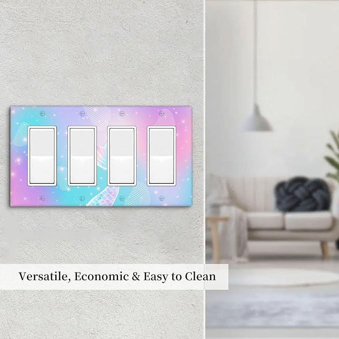 Mermaid 4 Gang Light Switch Cover Rainbow Tail Scales Jelly Fish Quad Rocker Outlet Covers Switchplates Wall Plate Decorative Electrical Faceplate for Nursery Girls Boys Room Kids Room