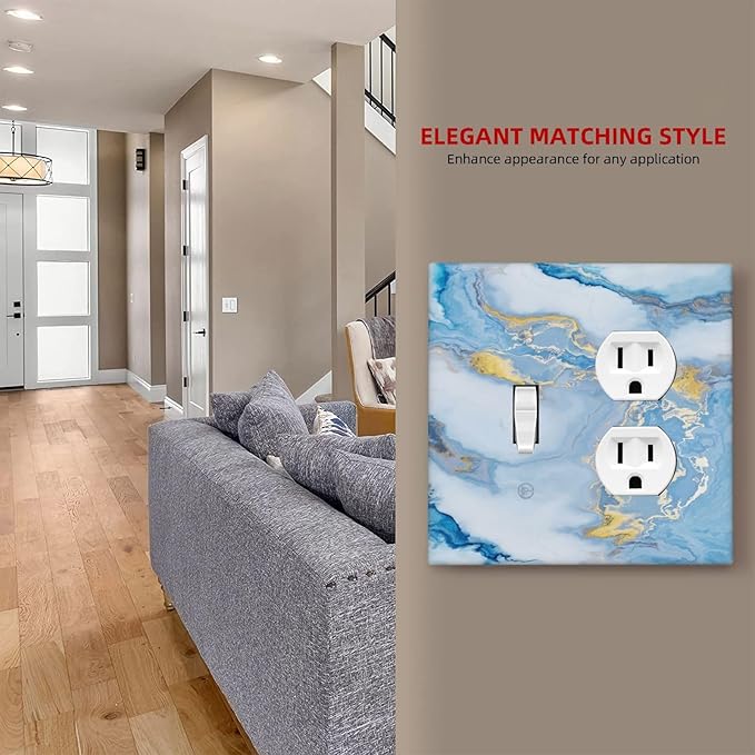 Beautiful Marble Texture Blue Gold Fluid Abstract Print Wallplates 1 Toggle 1 Duplex Switch Plate Electrical GFCI Faceplate Decorative Light Switch Covers for Bedroom Bathroom Decor