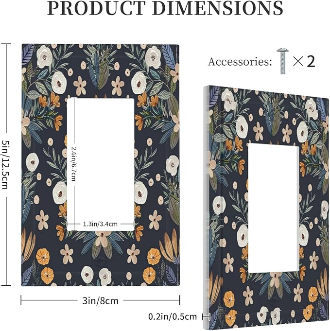 Boho Leaf Floral Navy Blue Background 1 Gang Rocker Light Switch Covers Single Decora Outlet Wall Plate Decorative Switchplate Faceplate GFCI for Farmhouse Country Bedroom Bedroom Decor