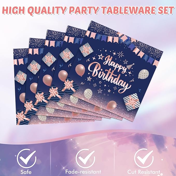 41Pcs Navy Blue Rose Gold Birthday Decorations Happy Birthday Party Tableware Set Include Paper Plates Napkins and Plastic Tablecloth Disposable Dinnerware Decorations for Women Men Party Table Decor