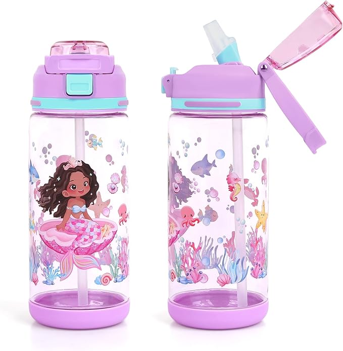 decalsweet Kids Water Bottle 20oz Durable Leak-Proof Plastic Water Cup for Kids Toddlers,With Straw Handle and Pop-Up Spout Cover,Safe for School Sports Daycare Travel & Camp