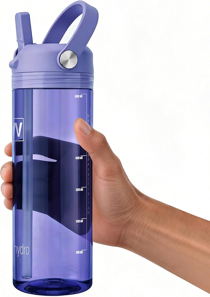 20oz Kids Water Bottle, BPA Free Thick Tritan Plastic Reusable, Clear Water Bottle with Straw, Leakproof Lid, Dishwasher Safe, Boy girl for School,Travel Purple
