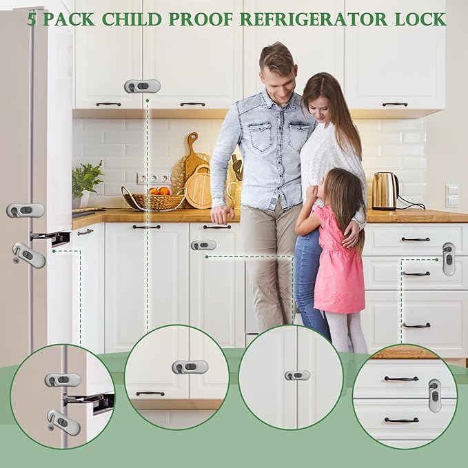 5 Pack Child Proof Refrigerator Lock, Baby Proofing Cabinet Locks, Oven Lock Child Safety – No-Drill Adhesive Safety Fridge Lock for Fridge, Oven, Dishwasher & Windows(Grey)