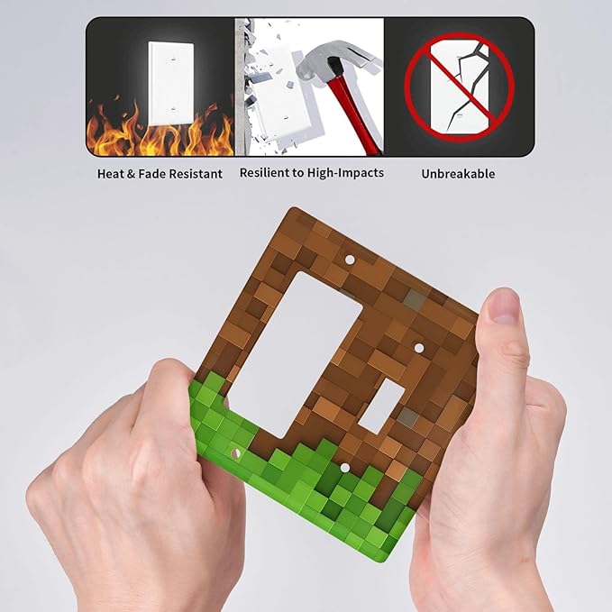 Pixel Style Gamer Themed Grass Block Outlet Covers 1 Toggle 1 Rocker Combination Decorative Wall Plate Electrical Switch Plates Light Switch Cover Plate for Kids Room Office Home Decor
