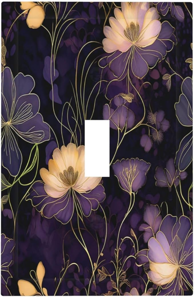 Modern Boho Vintage Gold Purple Dark Floral Modern Abstract Flowers Decorative Light Switch Cover 1 Gang Single Toggle Device Electrical Faceplate Switchplates Decorator Outlet Wall Plate for Bedroom