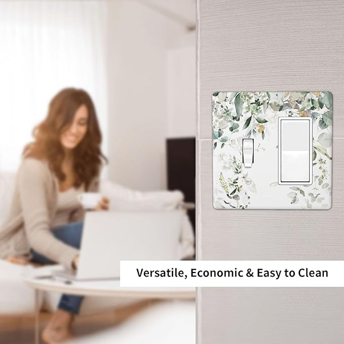 Green Leaves Watercolor Double Gang Toggle Rocker Decorative Light Switch Cover, 2-Gang Wall Plate Outlet Cover