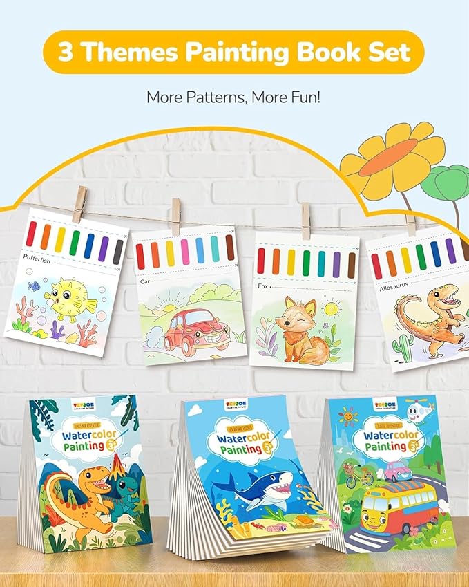 TECJOE 3 Pack Paint with Water Coloring Books for Toddlers, Mess Free Watercolor Painting Set with 6 Brushes, Travel Art Craft Activities Toys Birthday Gifts for Kids Ages 3-8, Traffic, Sea & Dinosaur
