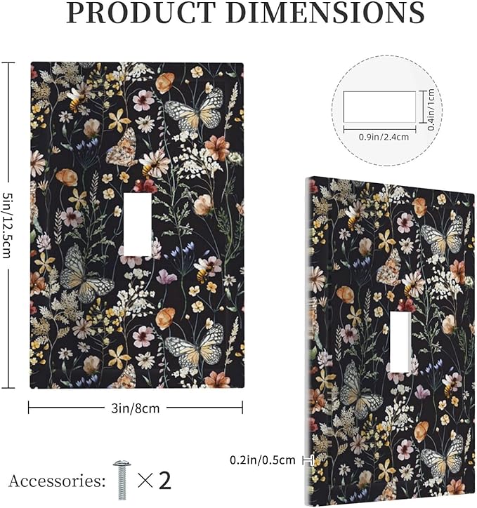 Vintage Flower Leaves Single Toggle Wall Plates Butterfly 1 Gang Light Switch Cover Cute Bees Switchplate Covers Decorative Dark Backgrounds Dimmer Decor for Bedroom Kitchen Bathroom
