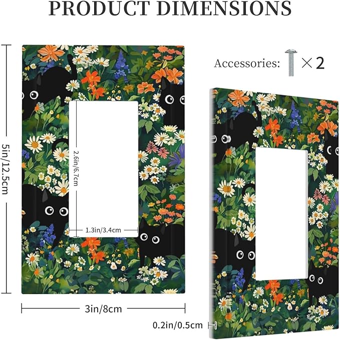 Funny Chic Cartoon Boho Cute Black Cat 1-Gang Decorator Rocker Outlet Light Switch Cover Green Floral Flower Kid Boys Vintage Decorative Single Device GFCI Receptacle Switch Wall Plate Dimmer Mid Size
