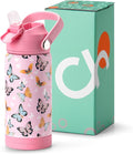 Choco Mocha Kids Water Bottle For School, Girls Insulated Water Bottle Stainless Steel,14 Oz Pink Butterfly