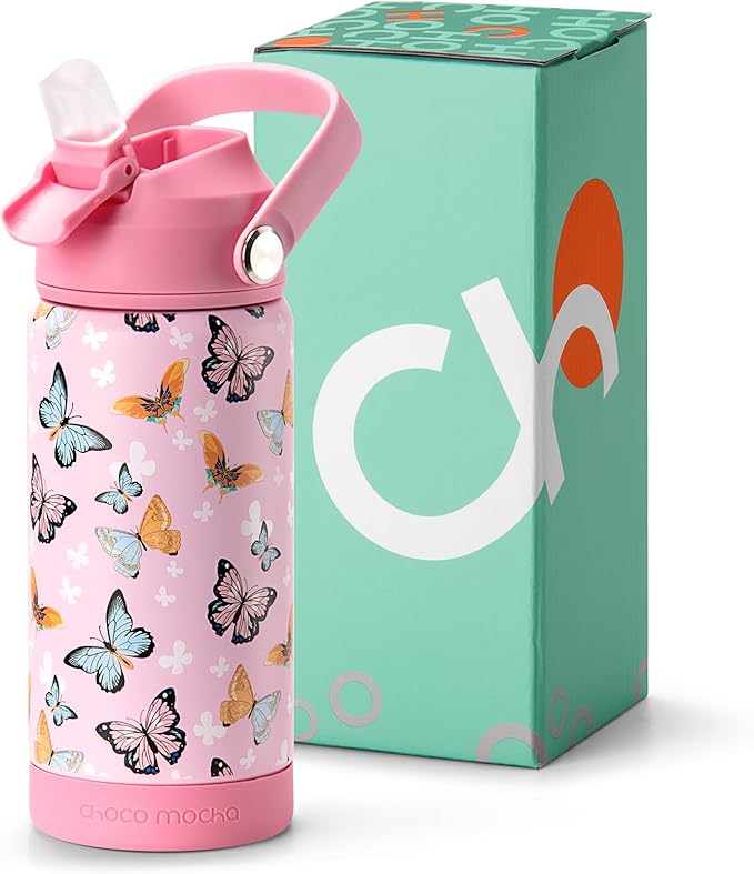 Choco Mocha Kids Water Bottle For School, Girls Insulated Water Bottle Stainless Steel,14 Oz Pink Butterfly