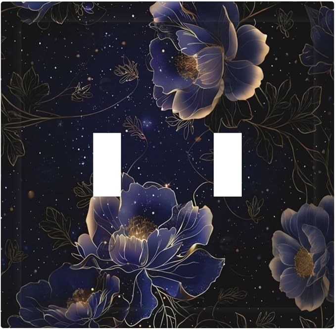 Navy Blue Floral Vintage Flower Dark Watercolor Decorative Switch Plates 2 Gang Double Toggle Outlet Light Switch Cover Wall Plate Electrical Faceplate for Bedroom Living Room Decor