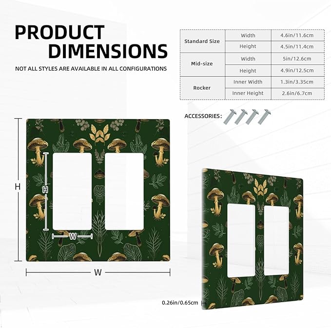 Decorative Outlet Covers Cute Gold Mushtroom Green Plant Leaf 2 Gang Light Switch Cover Plate Double Rocker Wall Plates for Electrical Outlets Switch Plate Covers for Bedroom Home Decor