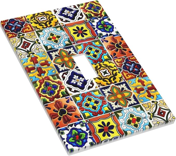 Matte Kitchen Colorful Mosaic Morocco Mexican Mexico Boho Talavera Style Ceramic Tile 1 Gang Electrical Single Toggle Device Switch Wall Plate Jumbo Size Decorative Outlet Light Switch Cover Faceplate