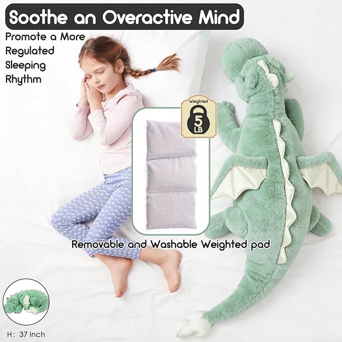 ARELUX Giant Weighted Winged Dragon Plush Toy - 35.4" 5lbs Soft Stuffed Animal for Comfort, Pterosaur Plushie Fuzzy Dinosaur Pillow Plushies Cuddly Removable and Washable Green