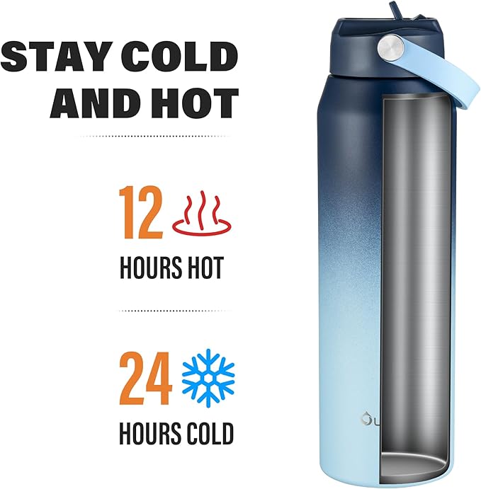 Oldley 32oz Insulated Water Bottle with Straw, Stainless Steel Water Bottle for Sports, Travel, School, BPA-Free Sports Bottles for Adult Kids, Leak-Proof, Blue Gradient
