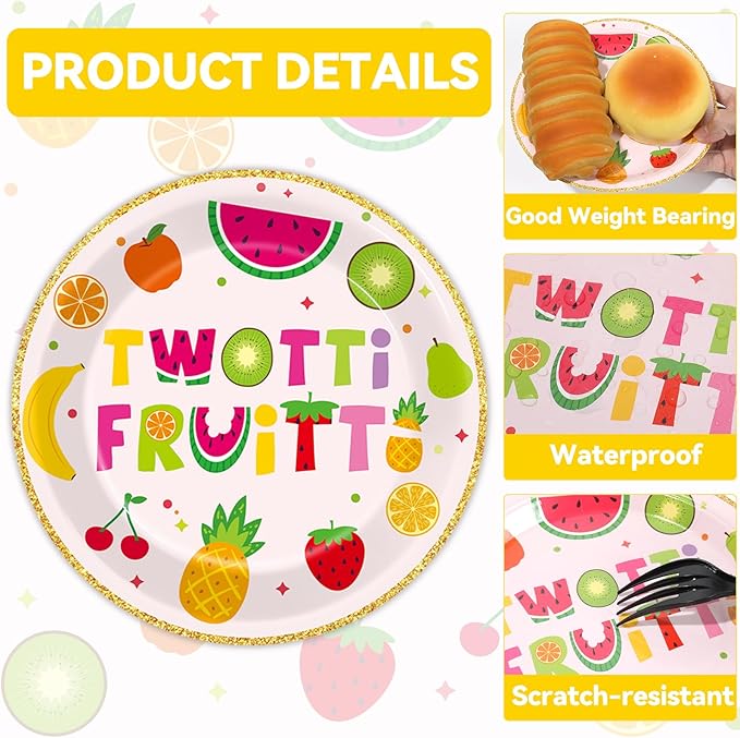 Qyeahkj 48Pcs Twotti Frutti Paper Plates and Napkins Summer Fruit 2nd Birthday Party Decorations Second Birthday Party Supplies Summer Fruit Disposable Tableware Set for Kids Boys Girls Serve 24