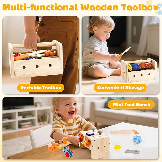 TONZE Kids Tool Set with Apron, 39 PCS Wooden Toddler Tool Bench Box Montessori Toys for 2 3 4 Year Old Boys Girls, Educational STEM Construction Toys Pretend Play Toddler Toys Age 3-5 Birthday Gift