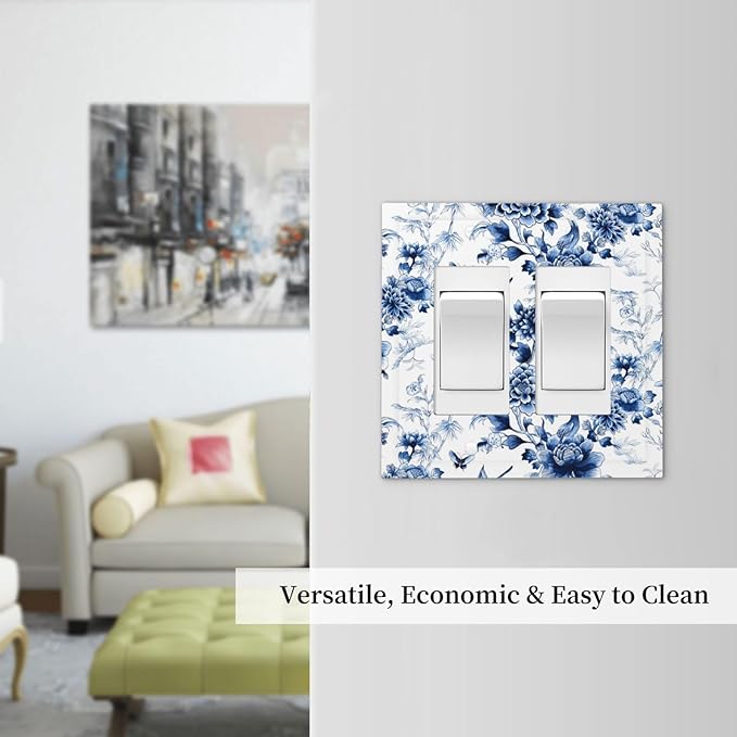 Blue Flower White Floral Plant Bird Butterfly Decorative Outlet Covers 2 Gang Double GFCI Rocker Electrical Wall Panels Light Switch Cover Plate for Bedroom Living Room Decor