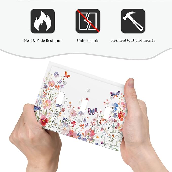 Colorful Flower Watercolor Floral Butterfly Bird Decorative Switch Plates 3 Gang Wall Plate Triple Toggle Light Switch Cover Faceplate Electrical Wall Panels for Bedroom Living Room Decor