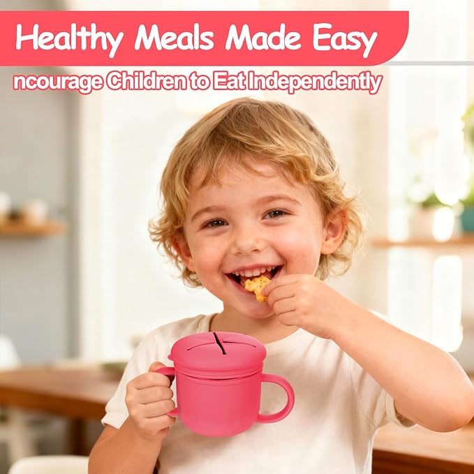 Toddler Snack Containers Stainless Steel Spill-Proof Snack Containers for Toddlers with Spill-Proof Silicone Lids and Handles 4-in-1 Baby Snack Cup is Dishwasher Safe for Easy use On The Go（Red）