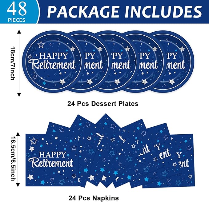 Qyeahkj 48Pcs Happy Retirement Paper Plates and Napkins Retirement Party Decoration Farewell Party Supplies Blue Silver Disposable Paper Dessert Tableware Set for Women Men Leaving Graduation Serve 25
