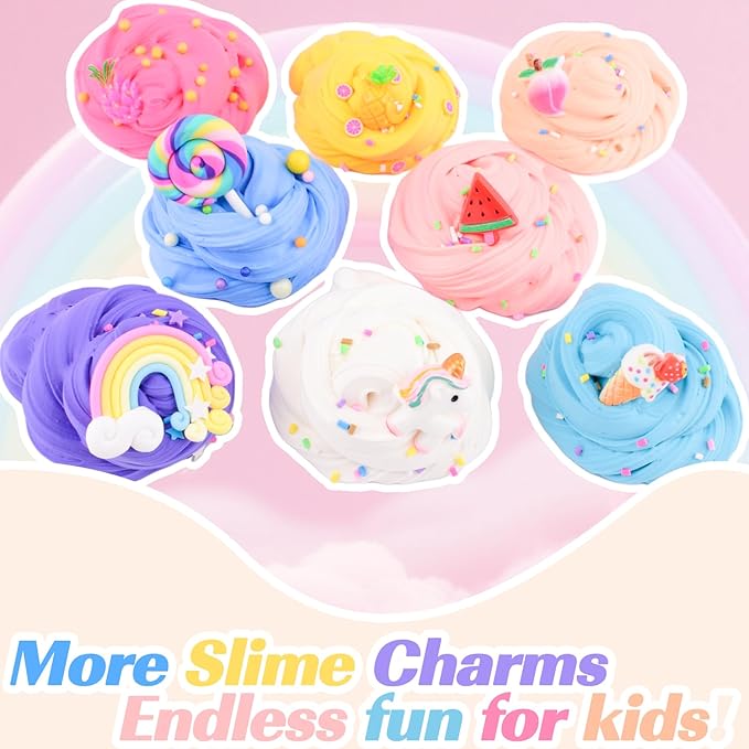 8 Pack Butter Slime Kit for Kids, Scented Butter Slime Party Favors with Peach, Unicorn, Rainbow Charms, Birthday Gifts for Girl Boys, Stretchy and Non-Sticky, Super Soft DIY Stress Relief Toy