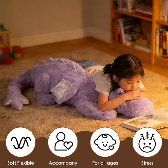 ARELUX Giant Weighted Winged Dragon Plush Toy - 35.4" 5lbs Soft Stuffed Animal for Comfort, Pterosaur Plushie Fuzzy Dinosaur Pillow Plushies Cuddly Removable and Washable Purple