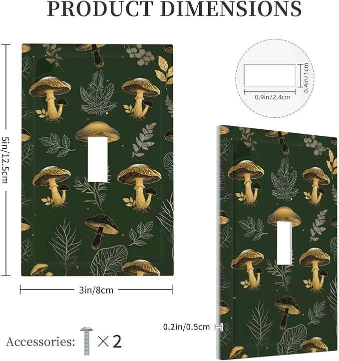 Decorative Light Switch Cover Plate Cute Gold Mushtroom Green Plant Leaf 1 Gang Single Toggle Wall Plates for Electrical Outlet Covers Switch Plate Covers Faceplate for Bedroom Decor