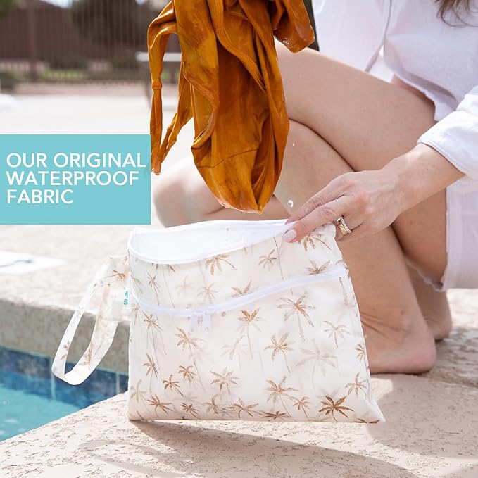 Bumkins Waterproof Wet Dry Clutch Bag for Baby, Travel, Swim Suit, Cloth Diapers, Pump Parts, Pool, Gym Clothes, Toiletry, Strap to Stroller, Daycare, Zip Reusable Bag, Packing Pouch, Palm Trees