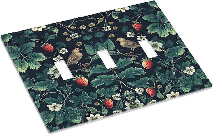 Decorative Switch Plates Strawberry Birds Flowers Plant Morris Floral 3 Gang Wall Plate Triple Toggle Light Switch Cover Faceplate Electrical Wall Panels for Bedroom Farmhouse Decor