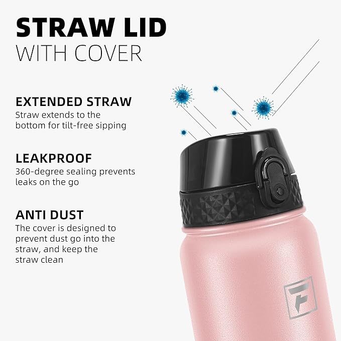 Fanhaw 32 oz Insulated Stainless Steel Water Bottle with Straw Lid, Leakproof Sports Bottle for Men, Women & Teens (Pink)