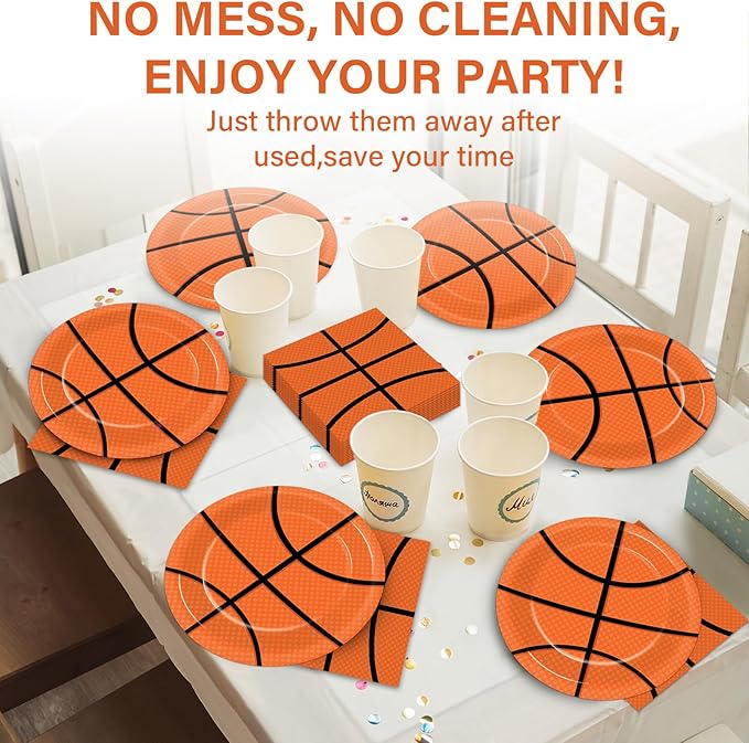 48Pcs Basketball Paper Plates and Napkins Basketball Birthday Party Decorations Sport Party Supplies Black Orange Dessert Plates Disposable Tableware Set for Teenagers Kids Boys Adults Serve 24